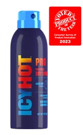 Front packaging of Icy Hot PRO Dry Spray. Voted Product of the Year (Consumer Survey of Product Innovation 2023)